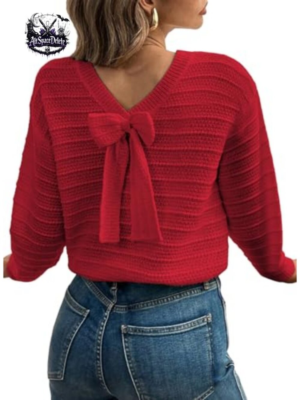 Back Bow Knit Pullover Sweater Crew Neck Long Sleeve Fall Top
